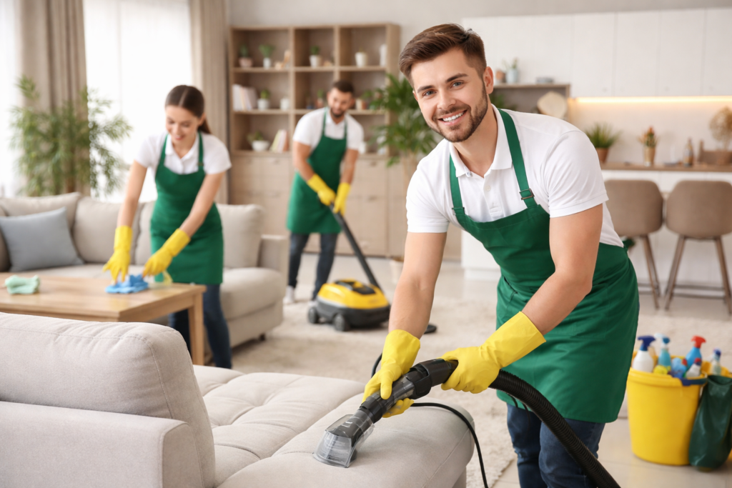 عمال محترفون أثناء تنظيف الكنب داخل منزل باستخدام البخار من شركة تنظيف بالخار في العين