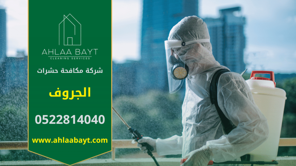فريق عمل محترف من شركة مكافحة حشرات في الجروف يقوم برش المبيدات داخل منزل باستخدام أدوات حديثة لضمان بيئة آمنة وخالية من الحشرات.