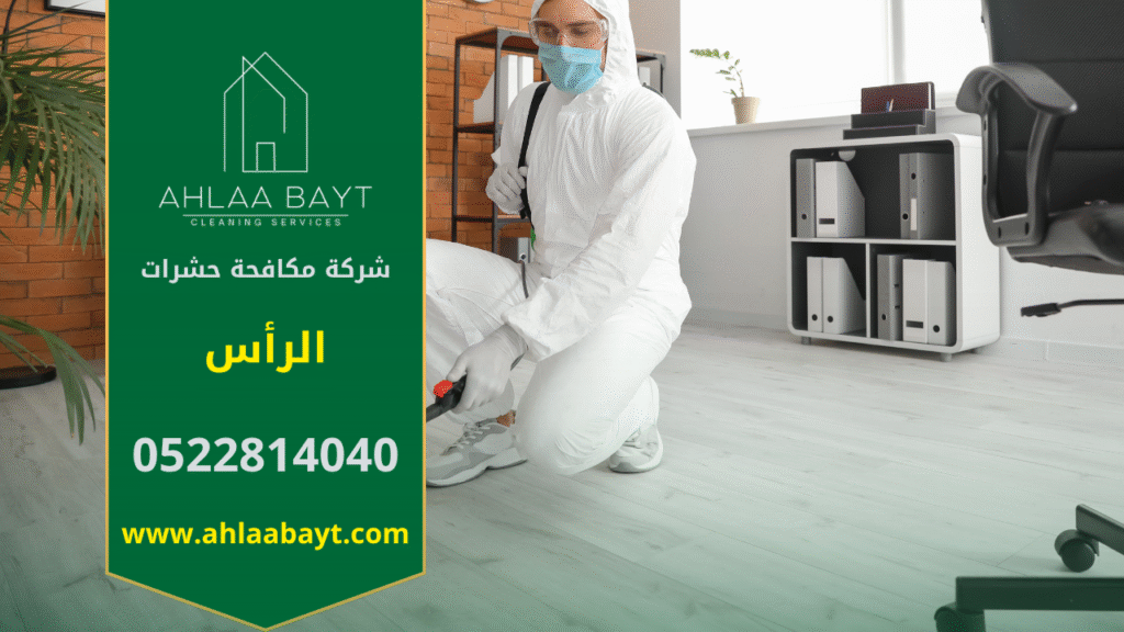 صورة توضح فنيًا يقوم برش مبيدات داخل منزل في الرأس، مما يبرز أهمية خدمات شركة مكافحة حشرات في الرأس للتخلص من الحشرات بشكل فعال وآمن.