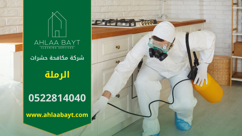 صورة توضح فنيًا يقوم برش مبيدات داخل منزل في الرملة، مما يبرز أهمية خدمات شركة مكافحة حشرات في الرملة للتخلص من الحشرات بكفاءة وأمان.
