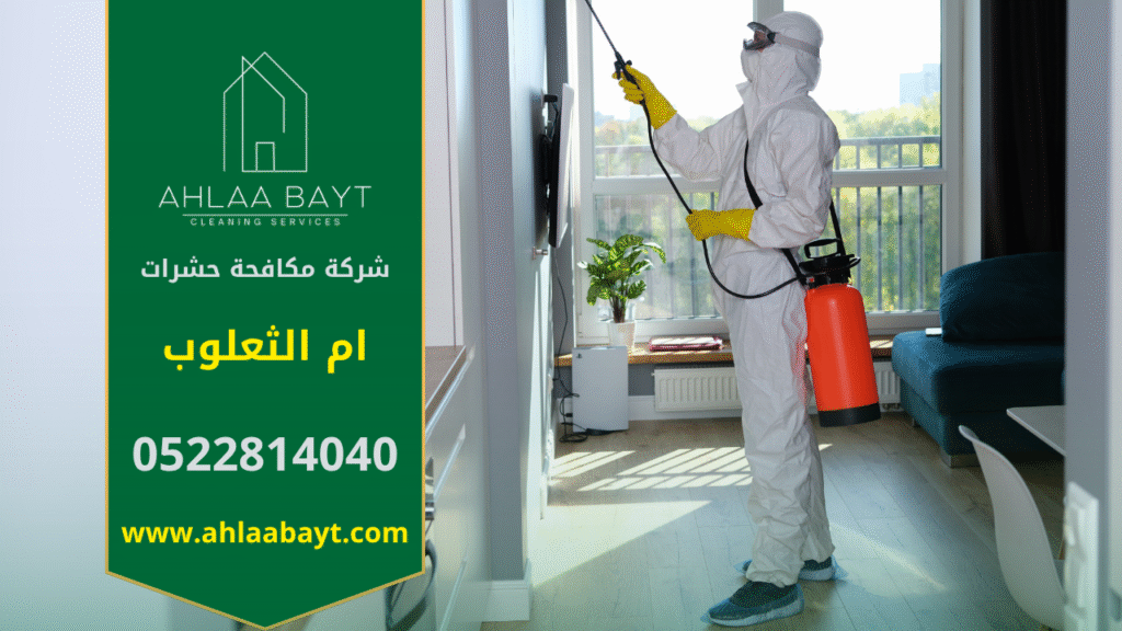 صورة توضح فنيًا يقوم برش مبيدات داخل منزل في ام الثعلوب، مما يبرز أهمية خدمات شركة مكافحة حشرات في ام الثعلوب للتخلص من الحشرات بسرعة وأمان.