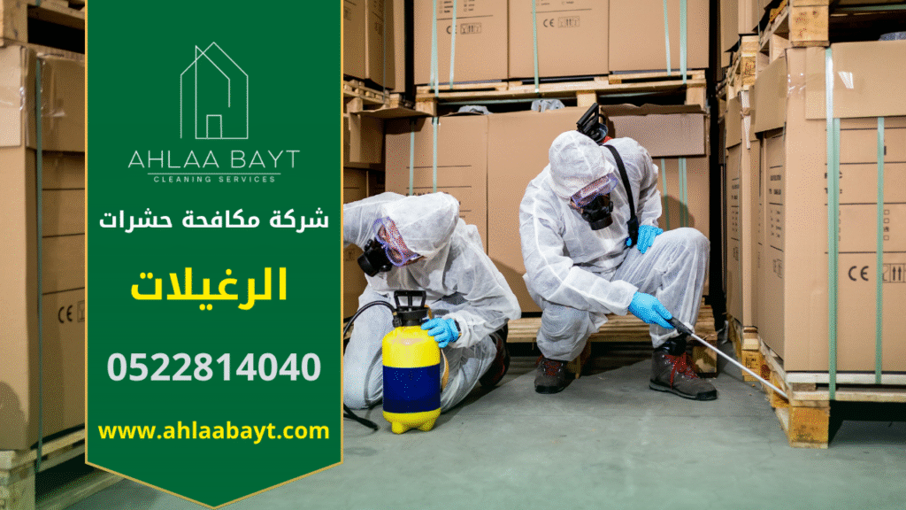 فريق متخصص من شركة مكافحة حشرات في الرغيلات يعمل داخل منزل باستخدام أجهزة رش حديثة للقضاء على الحشرات بشكل آمن وفعال.