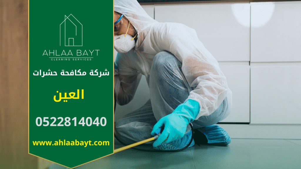 صورة توضح فريق محترف من شركة مكافحة حشرات في العين يستخدم معدات حديثة لرش المبيدات داخل منزل لضمان القضاء على الحشرات بشكل آمن وفعال.