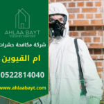 فريق متخصص من شركة مكافحة حشرات في ام القيوين ينفذ معالجة احترافية داخل منزل باستخدام معدات آمنة.