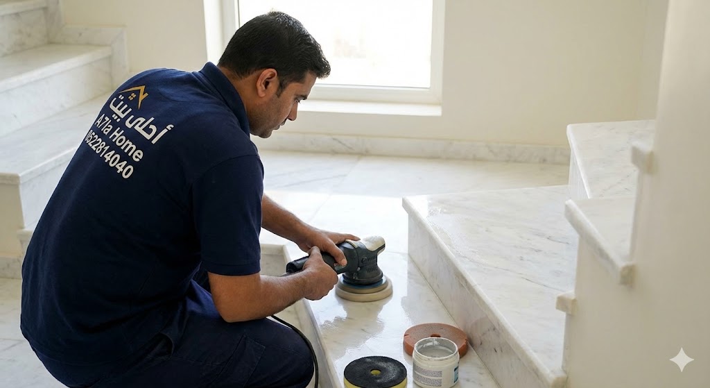 فني متخصص من شركة جلي رخام في دبي (أحلى بيت) يستخدم ماكينة تلميع يدوية لمعالجة وجلي درج رخام أبيض بعناية فائقة لضمان نعومة الزوايا والحواف.