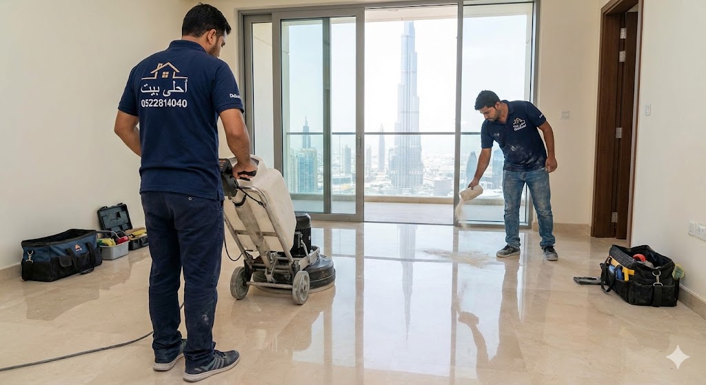 فريق عمل محترف من شركة جلي رخام في دبي يرتدي زي شركة "أحلى بيت" ويقوم بتلميع أرضيات شقة فاخرة باستخدام بودرة الكريستال وماكينات الجلي الحديثة مع إطلالة مباشرة على برج خليفة.