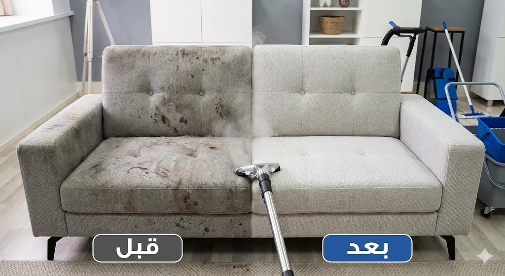 صورة مقارنة توضح الفرق المذهل قبل وبعد خدمة تنظيف كنب في دبي، حيث يظهر النصف المنظف بألوان زاهية خالية من البقع مقابل النصف المتسخ.