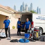 فريق عمل فلبيني محترف من شركة أحلى بيت يقف أمام سيارة الخدمة المجهزة ومعدات التنظيف بالبخار الحديثة، استعداداً لتقديم خدمات شركة تنظيف كنب في دبي للفلل والمنازل.